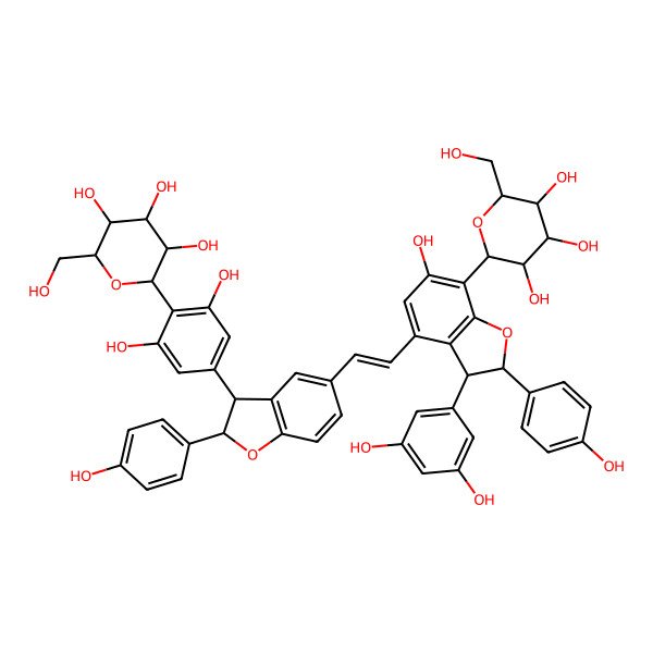 2D Structure of (2S,3R,4R,5S,6R)-2-[4-[(2S,3S)-5-[(E)-2-[(2R,3R)-3-(3,5-dihydroxyphenyl)-6-hydroxy-2-(4-hydroxyphenyl)-7-[(2S,3R,4R,5S,6R)-3,4,5-trihydroxy-6-(hydroxymethyl)oxan-2-yl]-2,3-dihydro-1-benzofuran-4-yl]ethenyl]-2-(4-hydroxyphenyl)-2,3-dihydro-1-benzofuran-3-yl]-2,6-dihydroxyphenyl]-6-(hydroxymethyl)oxane-3,4,5-triol