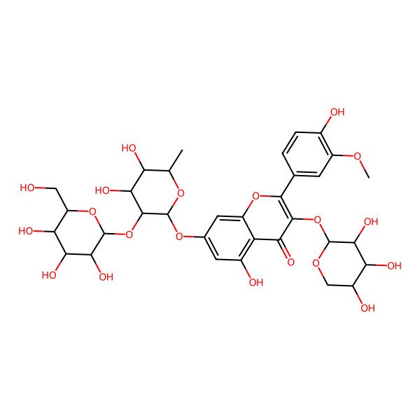 2D Structure of 7-[(2S,3R,4R,5R,6S)-4,5-dihydroxy-6-methyl-3-[(2S,3R,4S,5S,6R)-3,4,5-trihydroxy-6-(hydroxymethyl)oxan-2-yl]oxyoxan-2-yl]oxy-5-hydroxy-2-(4-hydroxy-3-methoxyphenyl)-3-[(2R,3R,4S,5S)-3,4,5-trihydroxyoxan-2-yl]oxychromen-4-one