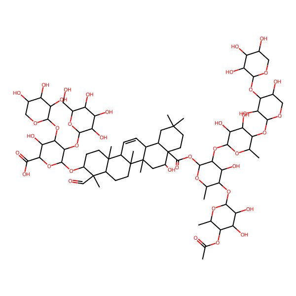 2D Structure of (2S,3S,4S,5R,6R)-6-[[(3S,4S,4aR,6aS,6aR,6bR,8R,8aR,12aS,14aR,14bS)-8a-[(2S,3R,4S,5R,6R)-5-[(2S,3R,4R,5S,6R)-5-acetyloxy-3,4-dihydroxy-6-methyloxan-2-yl]oxy-3-[(2S,3R,4S,5R,6S)-5-[(2S,3R,4S,5R)-3,5-dihydroxy-4-[(2S,3R,4S,5R)-3,4,5-trihydroxyoxan-2-yl]oxyoxan-2-yl]oxy-3,4-dihydroxy-6-methyloxan-2-yl]oxy-4-hydroxy-6-methyloxan-2-yl]oxycarbonyl-4-formyl-8-hydroxy-4,6a,6b,11,11,14b-hexamethyl-1,2,3,4a,5,6,6a,7,8,9,10,12,12a,14a-tetradecahydropicen-3-yl]oxy]-3-hydroxy-5-[(2S,3R,4S,5R,6R)-3,4,5-trihydroxy-6-(hydroxymethyl)oxan-2-yl]oxy-4-[(2S,3R,4S,5R)-3,4,5-trihydroxyoxan-2-yl]oxyoxane-2-carboxylic acid