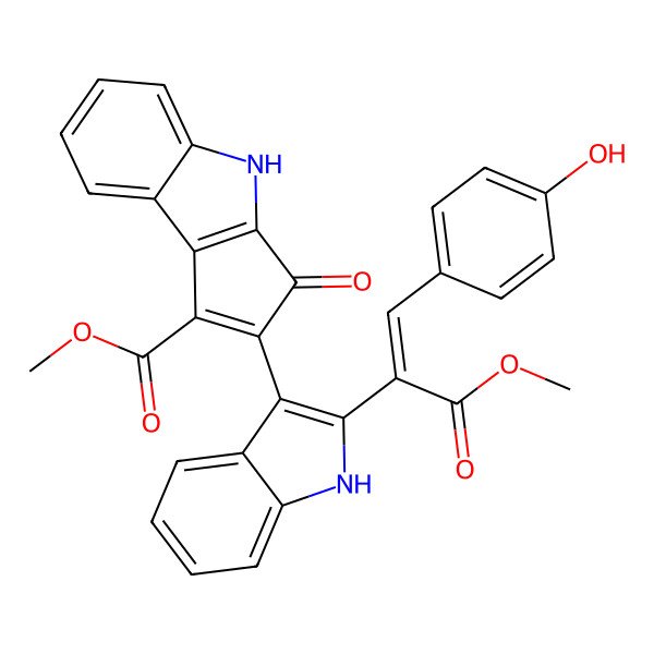 2D Structure of methyl 2-[2-[1-(4-hydroxyphenyl)-3-methoxy-3-oxoprop-1-en-2-yl]-1H-indol-3-yl]-3-oxo-4H-cyclopenta[b]indole-1-carboxylate