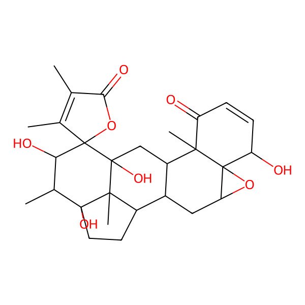 2D Structure of 7,14,16,18-Tetrahydroxy-3',4',11,17,21-pentamethylspiro[5-oxahexacyclo[12.6.1.02,12.04,6.06,11.018,21]henicos-8-ene-15,5'-furan]-2',10-dione