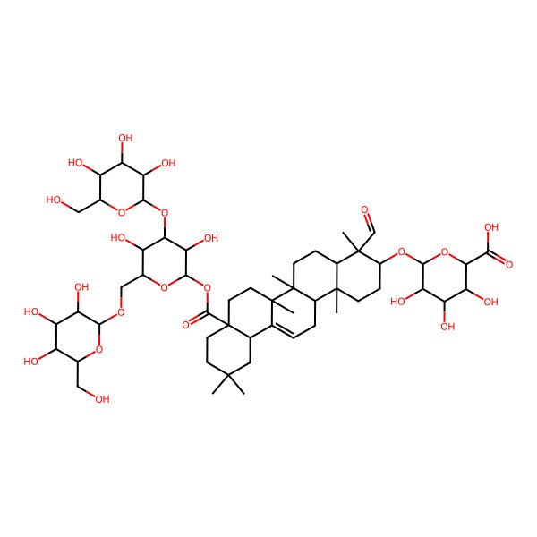 2D Structure of (2R,3R,4R,5S,6S)-6-[[(3S,4R,4aR,6aR,6bS,8aS,12aR,14aR,14bR)-8a-[(2R,3S,4R,5S,6S)-3,5-dihydroxy-4-[(2R,3S,4R,5R,6S)-3,4,5-trihydroxy-6-(hydroxymethyl)oxan-2-yl]oxy-6-[[(2S,3R,4S,5S,6R)-3,4,5-trihydroxy-6-(hydroxymethyl)oxan-2-yl]oxymethyl]oxan-2-yl]oxycarbonyl-4-formyl-4,6a,6b,11,11,14b-hexamethyl-1,2,3,4a,5,6,7,8,9,10,12,12a,14,14a-tetradecahydropicen-3-yl]oxy]-3,4,5-trihydroxyoxane-2-carboxylic acid