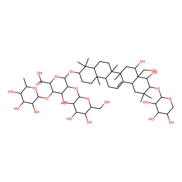 2D Structure of (2S,3S,4S,5R,6R)-6-[[(3S,4aR,6aR,6bS,8R,8aR,9R,10R,12aS,14aR,14bR)-8,9-dihydroxy-8a-(hydroxymethyl)-4,4,6a,6b,11,11,14b-heptamethyl-10-[(2S,3R,4S,5S)-3,4,5-trihydroxyoxan-2-yl]oxy-1,2,3,4a,5,6,7,8,9,10,12,12a,14,14a-tetradecahydropicen-3-yl]oxy]-4-hydroxy-5-[(2S,3R,4S,5R,6R)-3,4,5-trihydroxy-6-(hydroxymethyl)oxan-2-yl]oxy-3-[(2S,3R,4R,5R,6S)-3,4,5-trihydroxy-6-methyloxan-2-yl]oxyoxane-2-carboxylic acid
