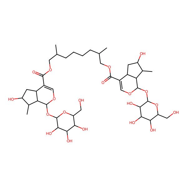 2D Structure of [(2R,7R)-8-[(1S,4aS,6S,7R,7aR)-6-hydroxy-7-methyl-1-[(2S,3R,4S,5S,6R)-3,4,5-trihydroxy-6-(hydroxymethyl)oxan-2-yl]oxy-1,4a,5,6,7,7a-hexahydrocyclopenta[c]pyran-4-carbonyl]oxy-2,7-dimethyloctyl] (1S,4aS,6S,7R,7aR)-6-hydroxy-7-methyl-1-[(2S,3R,4S,5S,6R)-3,4,5-trihydroxy-6-(hydroxymethyl)oxan-2-yl]oxy-1,4a,5,6,7,7a-hexahydrocyclopenta[c]pyran-4-carboxylate