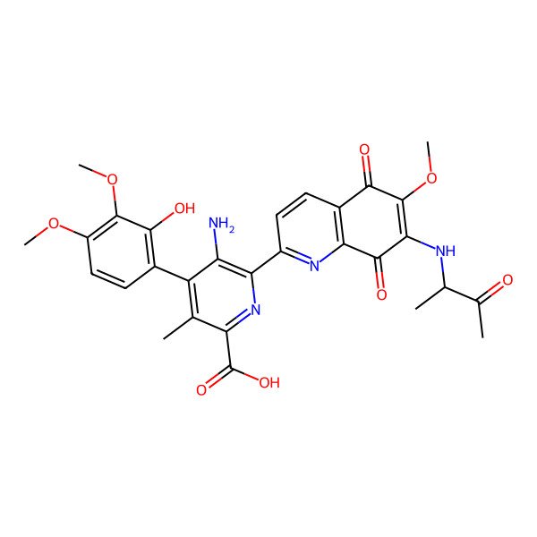 2D Structure of 5-amino-4-(2-hydroxy-3,4-dimethoxyphenyl)-6-[6-methoxy-5,8-dioxo-7-[[(2R)-3-oxobutan-2-yl]amino]quinolin-2-yl]-3-methylpyridine-2-carboxylic acid