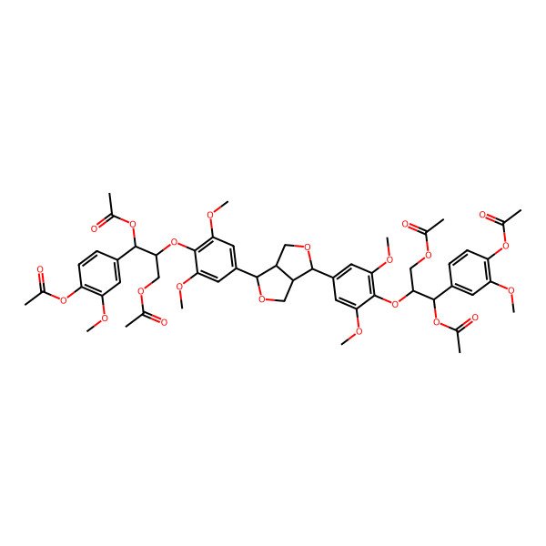 2D Structure of [(2S,3S)-2-[4-[(3R,3aS,6R,6aS)-6-[4-[(1S,2S)-1,3-diacetyloxy-1-(4-acetyloxy-3-methoxyphenyl)propan-2-yl]oxy-3,5-dimethoxyphenyl]-1,3,3a,4,6,6a-hexahydrofuro[3,4-c]furan-3-yl]-2,6-dimethoxyphenoxy]-3-acetyloxy-3-(4-acetyloxy-3-methoxyphenyl)propyl] acetate