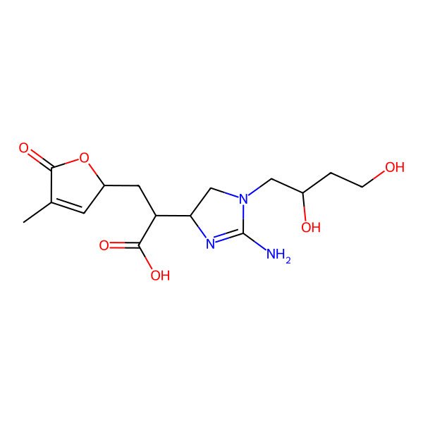 2D Structure of (2R)-2-[(4R)-2-amino-1-(2,4-dihydroxybutyl)-4,5-dihydroimidazol-4-yl]-3-[(2R)-4-methyl-5-oxo-2H-furan-2-yl]propanoic acid