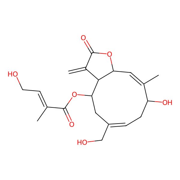 2D Structure of [9-Hydroxy-6-(hydroxymethyl)-10-methyl-3-methylidene-2-oxo-3a,4,5,8,9,11a-hexahydrocyclodeca[b]furan-4-yl] 4-hydroxy-2-methylbut-2-enoate