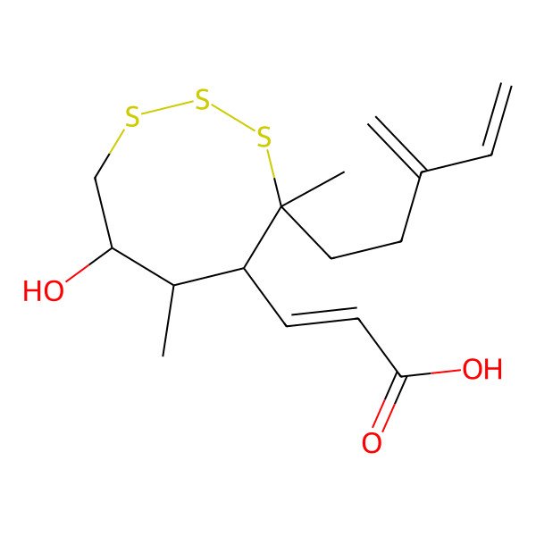 2D Structure of (E)-3-[(4R,5S,6S,7R)-7-hydroxy-4,6-dimethyl-4-(3-methylidenepent-4-enyl)trithiocan-5-yl]prop-2-enoic acid