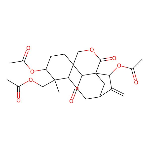 2D Structure of (6',11-Diacetyloxy-2'-formyl-1'-methyl-10-methylidene-2-oxospiro[3-oxatricyclo[7.2.1.01,6]dodecane-5,3'-cyclohexane]-1'-yl)methyl acetate