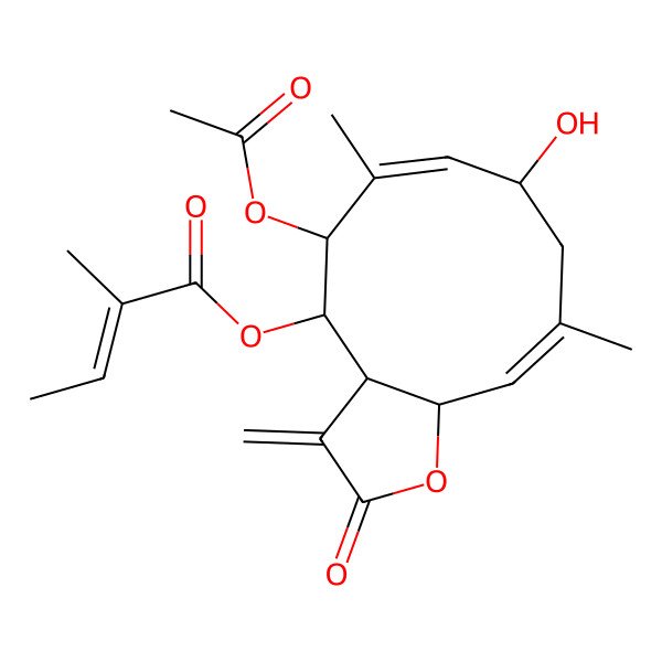 2D Structure of (5-Acetyloxy-8-hydroxy-6,10-dimethyl-3-methylidene-2-oxo-3a,4,5,8,9,11a-hexahydrocyclodeca[b]furan-4-yl) 2-methylbut-2-enoate