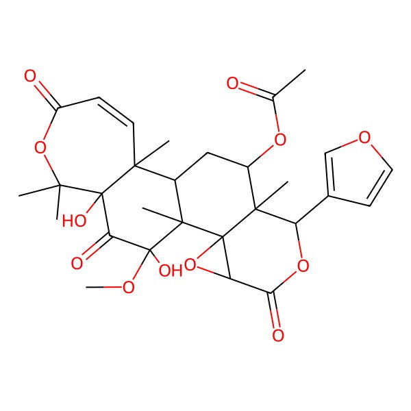 2D Structure of [(1R,2R,4S,7S,8S,9R,11S,12R,18S,20S)-7-(furan-3-yl)-18,20-dihydroxy-20-methoxy-1,8,12,17,17-pentamethyl-5,15,19-trioxo-3,6,16-trioxapentacyclo[9.9.0.02,4.02,8.012,18]icos-13-en-9-yl] acetate