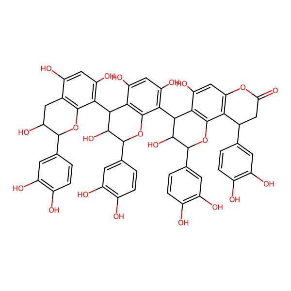 2D Structure of (2R,3R,4S,10S)-2,10-bis(3,4-dihydroxyphenyl)-4-[(2R,3R,4S)-2-(3,4-dihydroxyphenyl)-4-[(2R,3R)-2-(3,4-dihydroxyphenyl)-3,5,7-trihydroxy-3,4-dihydro-2H-chromen-8-yl]-3,5,7-trihydroxy-3,4-dihydro-2H-chromen-8-yl]-3,5-dihydroxy-3,4,9,10-tetrahydro-2H-pyrano[2,3-h]chromen-8-one