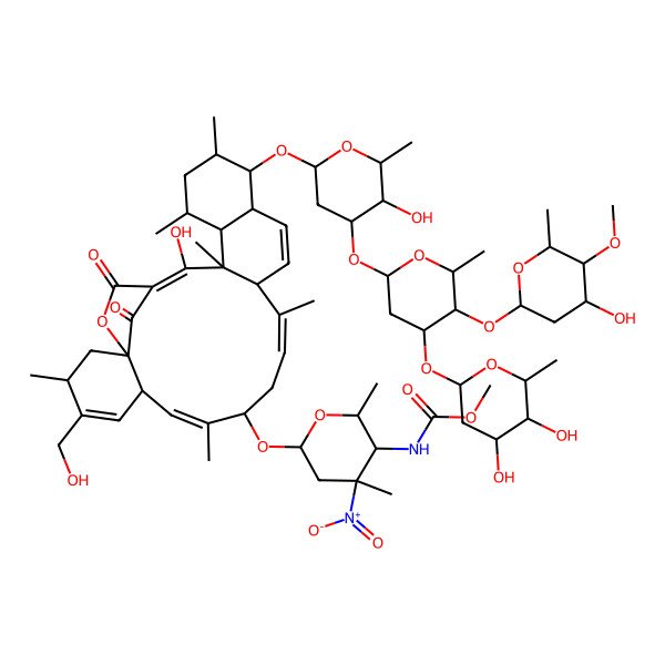 2D Structure of methyl N-[(2R,3R,4S,6R)-6-[[(1S,3R,6S,7E,9S,11E,13S,16S,17S,18S,20S,21R,22S,23E)-17-[(2R,4R,5S,6S)-4-[(2S,6S)-4-[(2S,4S,5R,6S)-4,5-dihydroxy-6-methyloxan-2-yl]oxy-5-[(2R,4R,5R,6S)-4-hydroxy-5-methoxy-6-methyloxan-2-yl]oxy-6-methyloxan-2-yl]oxy-5-hydroxy-6-methyloxan-2-yl]oxy-23-hydroxy-4-(hydroxymethyl)-3,8,12,18,20,22-hexamethyl-25,27-dioxo-26-oxapentacyclo[22.2.1.01,6.013,22.016,21]heptacosa-4,7,11,14,23-pentaen-9-yl]oxy]-2,4-dimethyl-4-nitrooxan-3-yl]carbamate
