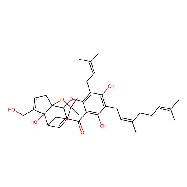 2D Structure of 7-(3,7-Dimethylocta-2,6-dienyl)-6,8,14-trihydroxy-15-(hydroxymethyl)-20,20-dimethyl-5-(3-methylbut-2-enyl)-3,19-dioxahexacyclo[11.7.1.02,11.02,18.04,9.014,18]henicosa-4,6,8,11,15-pentaen-10-one
