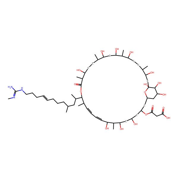 2D Structure of 3-oxo-3-[[5,7,9,19,23,25,27,31,33,34,35-undecahydroxy-8,14,18,22,26,30-hexamethyl-15-[4-methyl-12-[(N'-methylcarbamimidoyl)amino]dodec-8-en-2-yl]-17-oxo-16,37-dioxabicyclo[31.3.1]heptatriaconta-10,12-dien-3-yl]oxy]propanoic acid