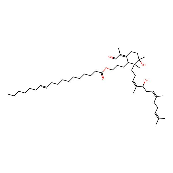 2D Structure of 3-[3-Hydroxy-2-(5-hydroxy-4,8,12-trimethyltrideca-3,7,11-trienyl)-2,3-dimethyl-6-(1-oxopropan-2-ylidene)cyclohexyl]propyl octadec-11-enoate