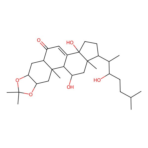 2D Structure of 14,20-Dihydroxy-17-(3-hydroxy-6-methylheptan-2-yl)-2,6,6,18-tetramethyl-5,7-dioxapentacyclo[11.7.0.02,10.04,8.014,18]icos-12-en-11-one