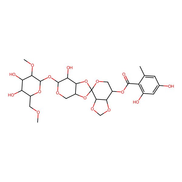 2D Structure of [(3aR,3'aS,4R,6'S,7R,7'R,7aS,7'aS)-6'-[(2S,3S,4S,5S,6R)-4,5-dihydroxy-3-methoxy-6-(methoxymethyl)oxan-2-yl]oxy-7'-hydroxyspiro[3a,6,7,7a-tetrahydro-[1,3]dioxolo[4,5-c]pyran-4,2'-4,6,7,7a-tetrahydro-3aH-[1,3]dioxolo[4,5-c]pyran]-7-yl] 2,4-dihydroxy-6-methylbenzoate