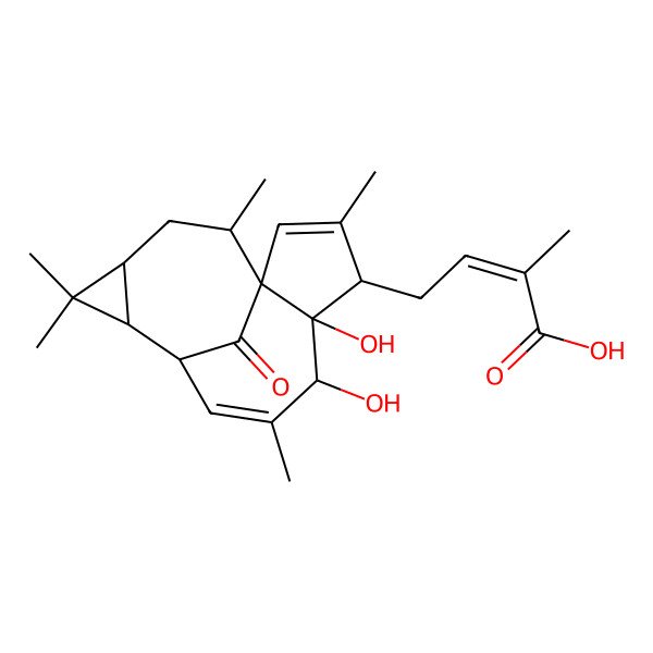 2D Structure of (Z)-4-[(4S,5S,6R,9S,10R,12R,14R)-5,6-dihydroxy-3,7,11,11,14-pentamethyl-15-oxo-4-tetracyclo[7.5.1.01,5.010,12]pentadeca-2,7-dienyl]-2-methylbut-2-enoic acid