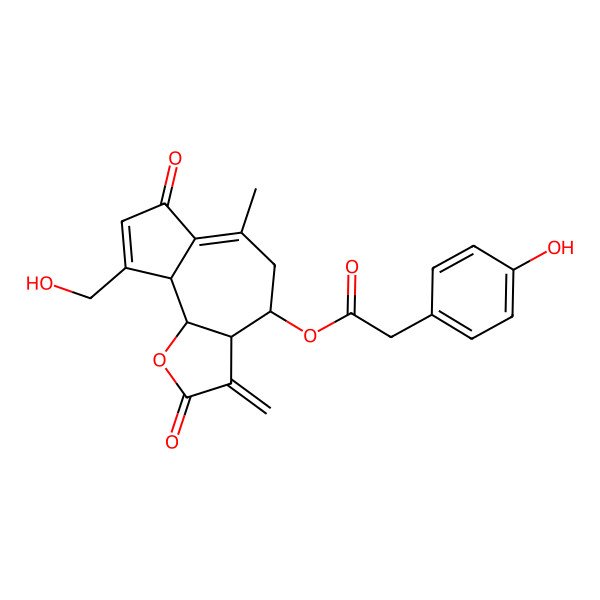 2D Structure of Benzeneacetic acid, 4-hydroxy-,(3aR,4S,9aS,9bR)-2,3,3a,4,5,7,9a,9b-octahydro-9-(hydroxymethyl)-6-methyl-3-methylene-2,7-dioxoazuleno[4,5-b]furan-4-yl ester