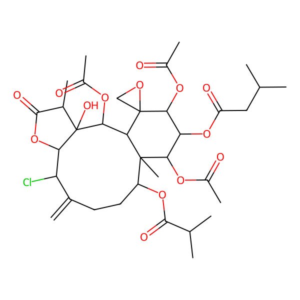 2D Structure of [(1S,2S,3R,4R,7R,8S,12S,13S,14R,15R,16R,17R)-2,14,16-triacetyloxy-8-chloro-3-hydroxy-4,13-dimethyl-9-methylidene-12-(2-methylpropanoyloxy)-5-oxospiro[6-oxatricyclo[11.4.0.03,7]heptadecane-17,2'-oxirane]-15-yl] 3-methylbutanoate