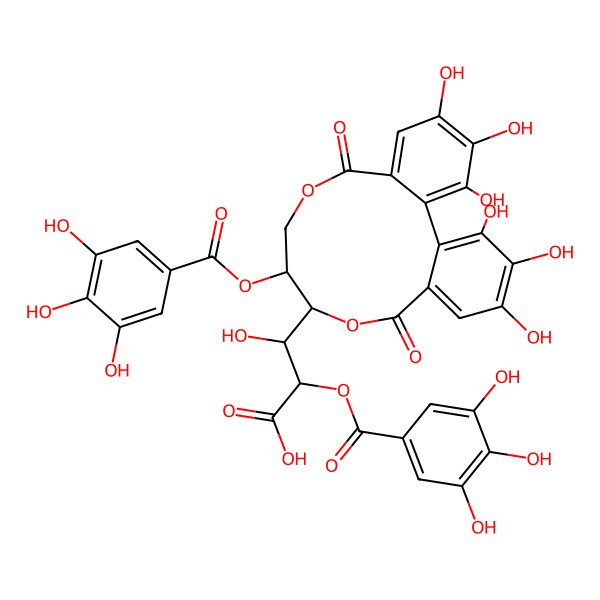 2D Structure of (2R,3S)-3-[(10S,11S)-3,4,5,17,18,19-hexahydroxy-8,14-dioxo-11-(3,4,5-trihydroxybenzoyl)oxy-9,13-dioxatricyclo[13.4.0.02,7]nonadeca-1(19),2,4,6,15,17-hexaen-10-yl]-3-hydroxy-2-(3,4,5-trihydroxybenzoyl)oxypropanoic acid