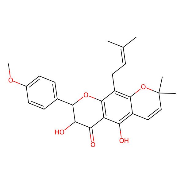 2D Structure of (7S,8S)-5,7-dihydroxy-8-(4-methoxyphenyl)-2,2-dimethyl-10-(3-methylbut-2-enyl)-7,8-dihydropyrano[3,2-g]chromen-6-one