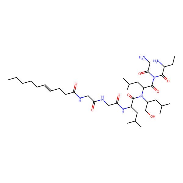 2D Structure of (E)-N-[2-[[2-[[(2S)-1-[[(2S)-1-[(2-aminoacetyl)-(2-aminobutanoyl)amino]-4-methyl-1-oxopentan-2-yl]-(1-hydroxy-4-methylpentan-2-yl)amino]-4-methyl-1-oxopentan-2-yl]amino]-2-oxoethyl]amino]-2-oxoethyl]dec-4-enamide
