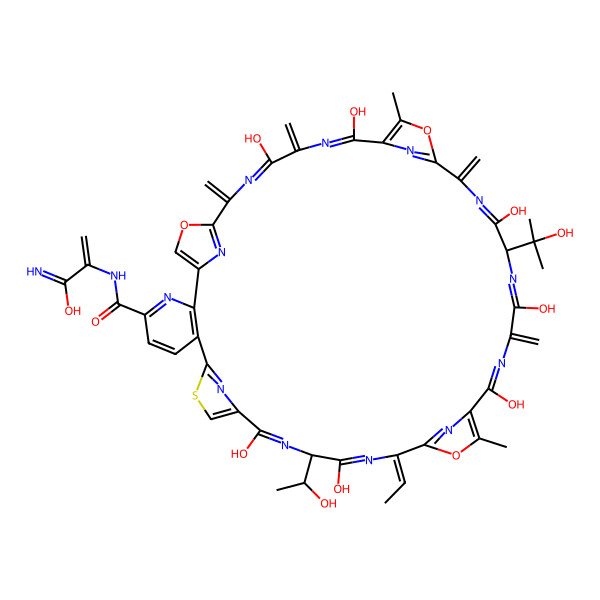 2D Structure of 2-[[(17Z)-17-ethylidene-12,15,22,25,28,35,38-heptahydroxy-14-(1-hydroxyethyl)-27-(2-hydroxypropan-2-yl)-20,33-dimethyl-24,30,37,40-tetramethylidene-19,32,42-trioxa-9-thia-3,13,16,23,26,29,36,39,44,45,46,47-dodecazahexacyclo[39.2.1.18,11.118,21.131,34.02,7]heptatetraconta-1(43),2(7),3,5,8(47),10,12,15,18(46),20,22,25,28,31(45),33,35,38,41(44)-octadecaene-4-carbonyl]amino]prop-2-enimidic acid