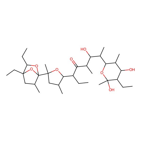 2D Structure of Lysocellin, 3-de(carboxymethyl)-4-demethyl-17,21-dideoxy-17,21-epoxy-4-ethyl-5-hydroxy-3-methyl-, (5R)-