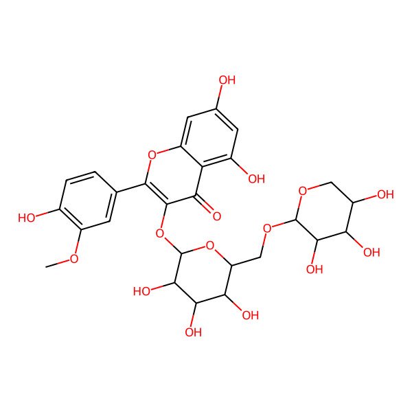 2D Structure of 5,7-dihydroxy-2-(4-hydroxy-3-methoxyphenyl)-3-[(2S,3R,4R,5R,6S)-3,4,5-trihydroxy-6-[[(2S,3R,4R,5R)-3,4,5-trihydroxyoxan-2-yl]oxymethyl]oxan-2-yl]oxychromen-4-one