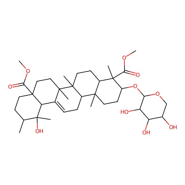 2D Structure of dimethyl (3S,4S,4aR,6aR,6bS,8aS,11R,12R,12aS,14aR,14bR)-12-hydroxy-4,6a,6b,11,12,14b-hexamethyl-3-[(2S,3R,4S,5R)-3,4,5-trihydroxyoxan-2-yl]oxy-1,2,3,4a,5,6,7,8,9,10,11,12a,14,14a-tetradecahydropicene-4,8a-dicarboxylate