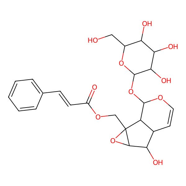 2D Structure of [(1R,2R,4R,5R,6S,10R)-5-hydroxy-10-[(2S,3R,4S,5S,6R)-3,4,5-trihydroxy-6-(hydroxymethyl)oxan-2-yl]oxy-3,9-dioxatricyclo[4.4.0.02,4]dec-7-en-2-yl]methyl (E)-3-phenylprop-2-enoate