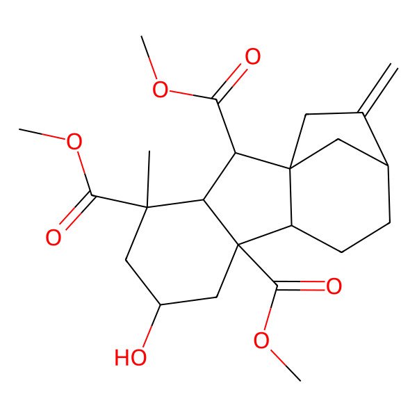 2D Structure of trimethyl (1R,2S,3R,4R,6R,8R,9R,12R)-6-hydroxy-4-methyl-13-methylidenetetracyclo[10.2.1.01,9.03,8]pentadecane-2,4,8-tricarboxylate