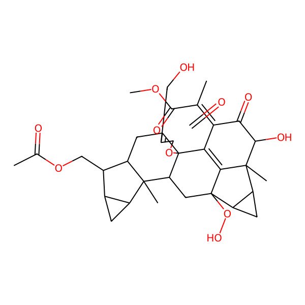 2D Structure of Methyl 2-[9-(acetyloxymethyl)-16-hydroperoxy-21-hydroxy-5-(hydroxymethyl)-13,20-dimethyl-4,22-dioxo-3-oxaoctacyclo[14.7.1.02,6.02,14.08,13.010,12.017,19.020,24]tetracosa-1(24),5-dien-23-ylidene]propanoate