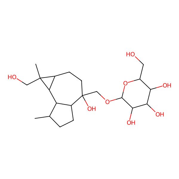 2D Structure of 2-[[4-hydroxy-1-(hydroxymethyl)-1,7-dimethyl-2,3,4a,5,6,7,7a,7b-octahydro-1aH-cyclopropa[e]azulen-4-yl]methoxy]-6-(hydroxymethyl)oxane-3,4,5-triol