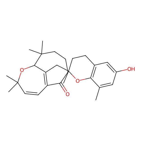 2D Structure of (7S)-12-[[(2S)-6-hydroxy-2,8-dimethyl-3,4-dihydrochromen-2-yl]methyl]-6,6,9,9-tetramethyl-8-oxabicyclo[5.4.1]dodeca-1(12),10-dien-2-one