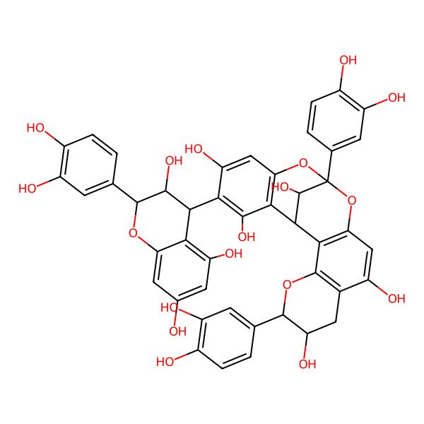 2D Structure of (1R,5R,6S,13S,21R)-5,13-bis(3,4-dihydroxyphenyl)-18-[(2R,3R,4S)-2-(3,4-dihydroxyphenyl)-3,5,7-trihydroxy-3,4-dihydro-2H-chromen-4-yl]-4,12,14-trioxapentacyclo[11.7.1.02,11.03,8.015,20]henicosa-2(11),3(8),9,15(20),16,18-hexaene-6,9,17,19,21-pentol