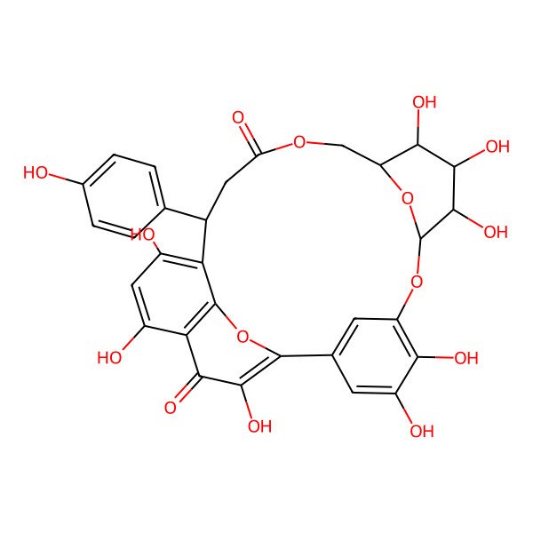 2D Structure of (8S,9R,10S,11S,12R,17S)-4,5,9,10,11,19,21,24-octahydroxy-17-(4-hydroxyphenyl)-7,14,25,27-tetraoxapentacyclo[16.6.2.12,6.18,12.022,26]octacosa-1(24),2,4,6(28),18,20,22(26)-heptaene-15,23-dione