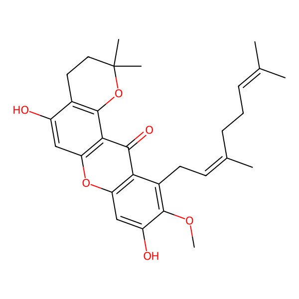 2D Structure of 11-[(2E)-3,7-dimethylocta-2,6-dienyl]-5,9-dihydroxy-10-methoxy-2,2-dimethyl-3,4-dihydropyrano[2,3-a]xanthen-12-one