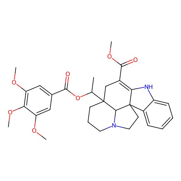 2D Structure of Methyl 12-[1-(3,4,5-trimethoxybenzoyl)oxyethyl]-8,16-diazapentacyclo[10.6.1.01,9.02,7.016,19]nonadeca-2,4,6,9-tetraene-10-carboxylate