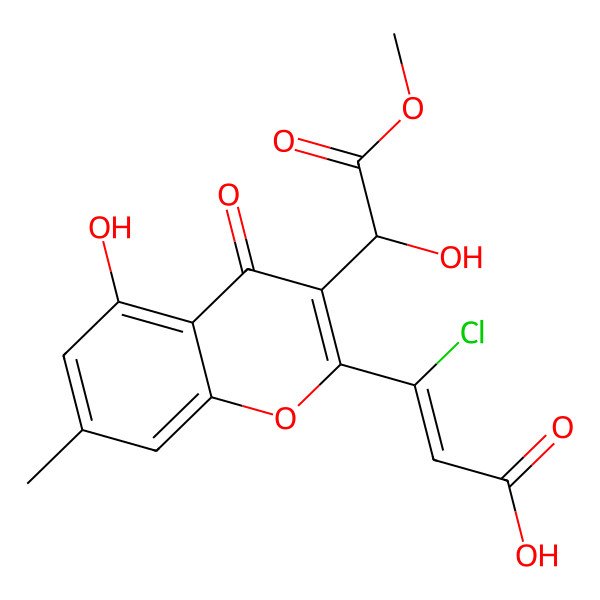2D Structure of 3-Chloro-3-[5-hydroxy-3-(1-hydroxy-2-methoxy-2-oxoethyl)-7-methyl-4-oxochromen-2-yl]prop-2-enoic acid
