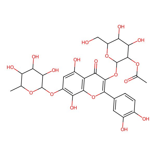 2D Structure of [(2S,3R,4S,5S,6R)-2-[2-(3,4-dihydroxyphenyl)-5,8-dihydroxy-4-oxo-7-[(2S,3R,4R,5R,6S)-3,4,5-trihydroxy-6-methyloxan-2-yl]oxychromen-3-yl]oxy-4,5-dihydroxy-6-(hydroxymethyl)oxan-3-yl] acetate