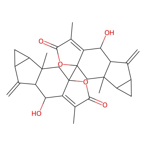 2D Structure of 2-Hydroxy-7-(2-hydroxy-4,9-dimethyl-13-methylidene-5-oxo-6-oxatetracyclo[7.4.0.03,7.010,12]tridec-3-en-7-yl)-4,9-dimethyl-13-methylidene-6-oxatetracyclo[7.4.0.03,7.010,12]tridec-3-en-5-one