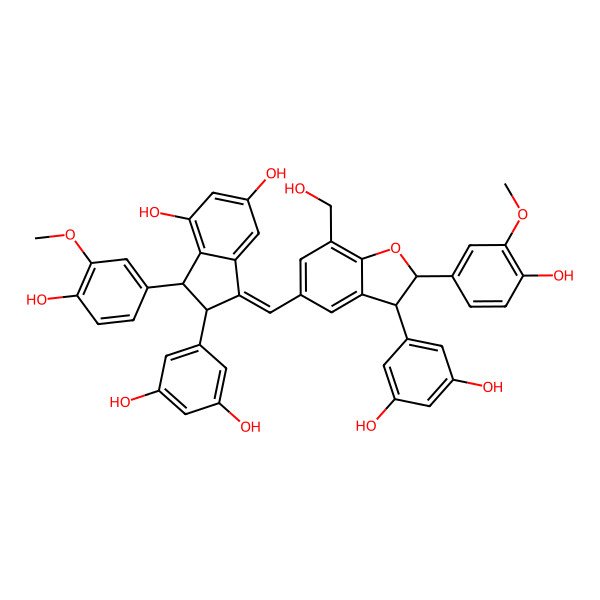 2D Structure of (1E,2R,3R)-2-(3,5-dihydroxyphenyl)-1-[[(2R,3R)-3-(3,5-dihydroxyphenyl)-2-(4-hydroxy-3-methoxyphenyl)-7-(hydroxymethyl)-2,3-dihydro-1-benzofuran-5-yl]methylidene]-3-(4-hydroxy-3-methoxyphenyl)-2,3-dihydroindene-4,6-diol