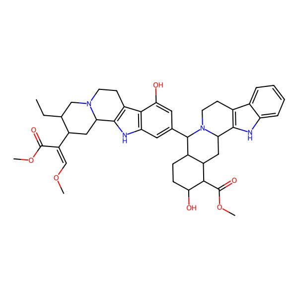 2D Structure of Methyl 14-[2-(1,3-dimethoxy-3-oxoprop-1-en-2-yl)-3-ethyl-8-hydroxy-1,2,3,4,6,7,12,12b-octahydroindolo[2,3-a]quinolizin-10-yl]-18-hydroxy-1,3,11,12,14,15,16,17,18,19,20,21-dodecahydroyohimban-19-carboxylate