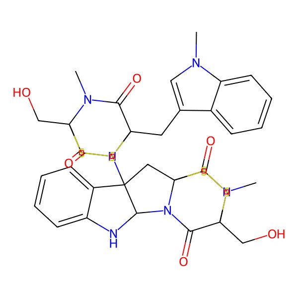 2D Structure of (1R,3R,11S,14R)-14-(hydroxymethyl)-3-[(1R,4R)-1-(hydroxymethyl)-7-methyl-4-[(1-methylindol-3-yl)methyl]-6,8-dioxo-2,3-dithia-5,7-diazabicyclo[2.2.2]octan-5-yl]-18-methyl-15,16-dithia-10,12,18-triazapentacyclo[12.2.2.01,12.03,11.04,9]octadeca-4,6,8-triene-13,17-dione
