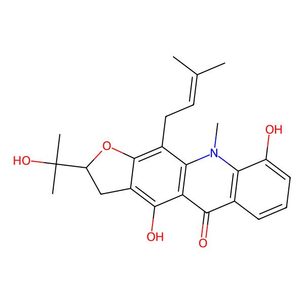 2D Structure of (2S)-4,9-dihydroxy-2-(2-hydroxypropan-2-yl)-10-methyl-11-(3-methylbut-2-enyl)-2,3-dihydrofuro[3,2-b]acridin-5-one