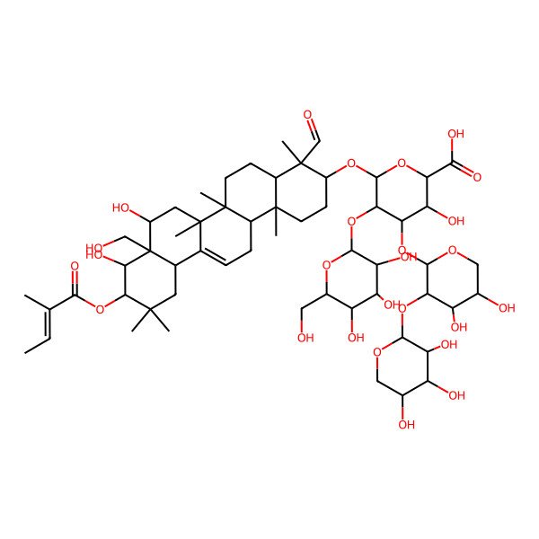 2D Structure of (2S,3S,4S,5R,6S)-6-[[(3S,4S,4aR,6aR,6bS,8R,8aR,9R,10R,12aS,14aR,14bR)-4-formyl-8,9-dihydroxy-8a-(hydroxymethyl)-4,6a,6b,11,11,14b-hexamethyl-10-[(E)-2-methylbut-2-enoyl]oxy-1,2,3,4a,5,6,7,8,9,10,12,12a,14,14a-tetradecahydropicen-3-yl]oxy]-4-[(2S,3S,4S,5S)-4,5-dihydroxy-3-[(2S,3R,4S,5R)-3,4,5-trihydroxyoxan-2-yl]oxyoxan-2-yl]oxy-3-hydroxy-5-[(2S,3R,4S,5R,6R)-3,4,5-trihydroxy-6-(hydroxymethyl)oxan-2-yl]oxyoxane-2-carboxylic acid
